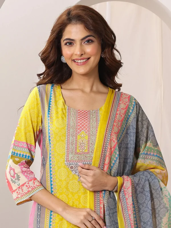 Yellow Printed Cotton Straight Suit Set With Dupatta - Image 2