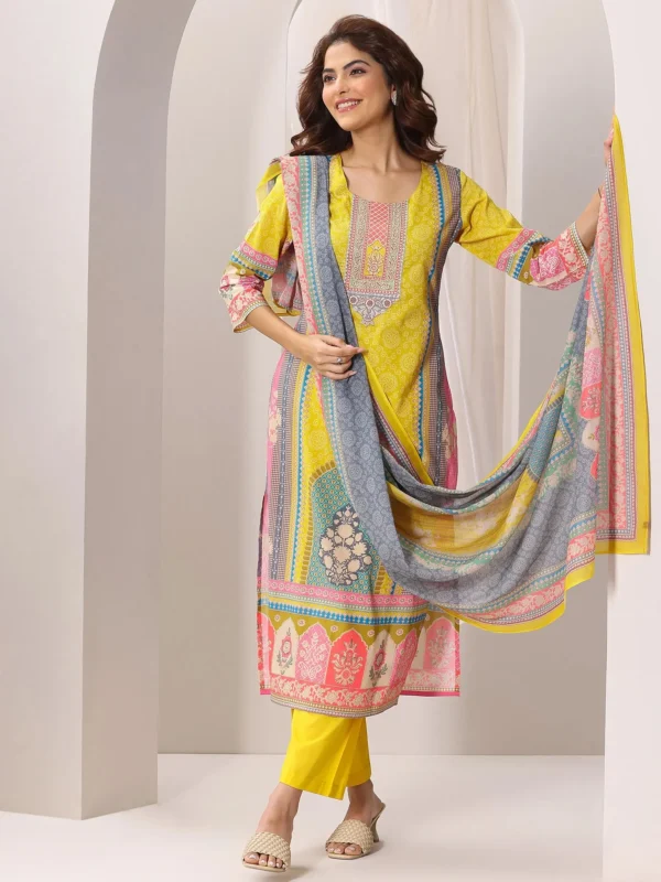 Yellow Printed Cotton Straight Suit Set With Dupatta - Image 8