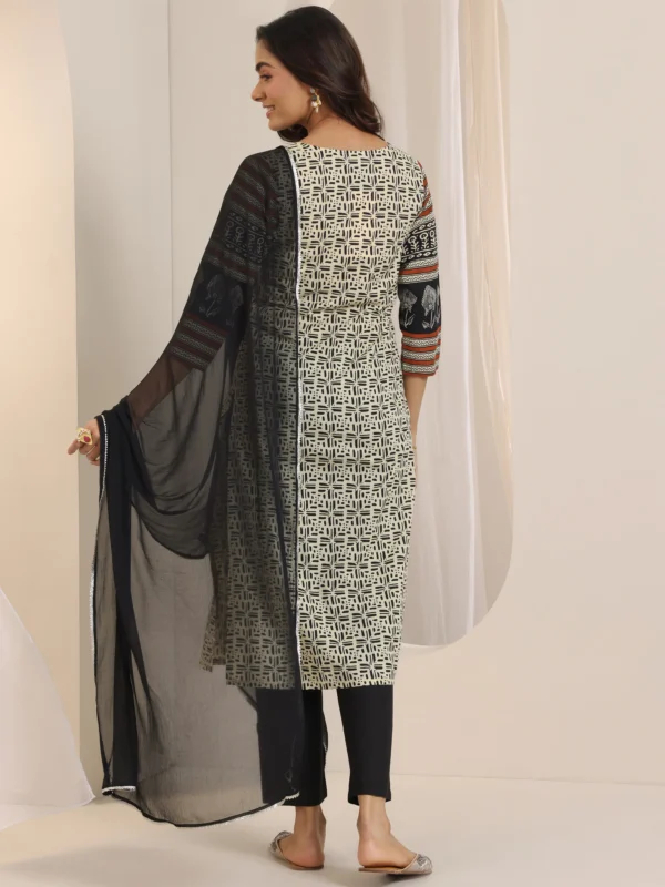 Women Beige Printed Cotton Straight Suit Set With Dupatta - Image 6