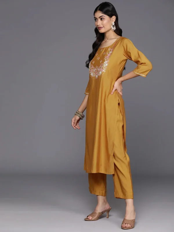 Women Mustard Yoke Design Silk Blend Straight Suit With Dupatta - Image 5