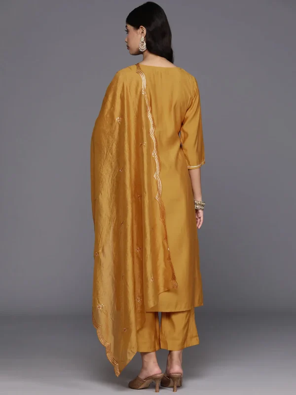 Women Mustard Yoke Design Silk Blend Straight Suit With Dupatta - Image 4