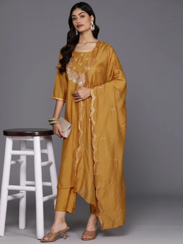 Women Mustard Yoke Design Silk Blend Straight Suit With Dupatta