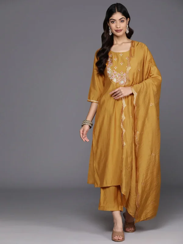 Women Mustard Yoke Design Silk Blend Straight Suit With Dupatta - Image 6