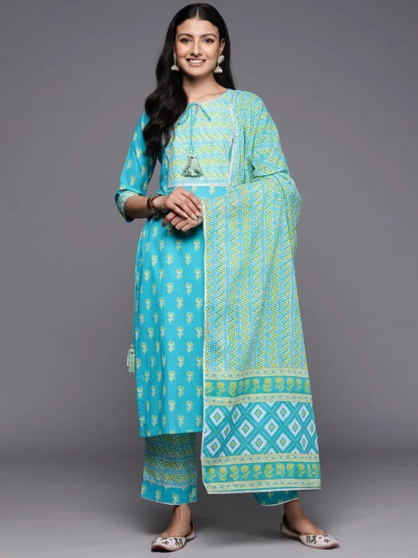 Women Blue Printed Cotton Straight Kurta With Trousers & Dupatta