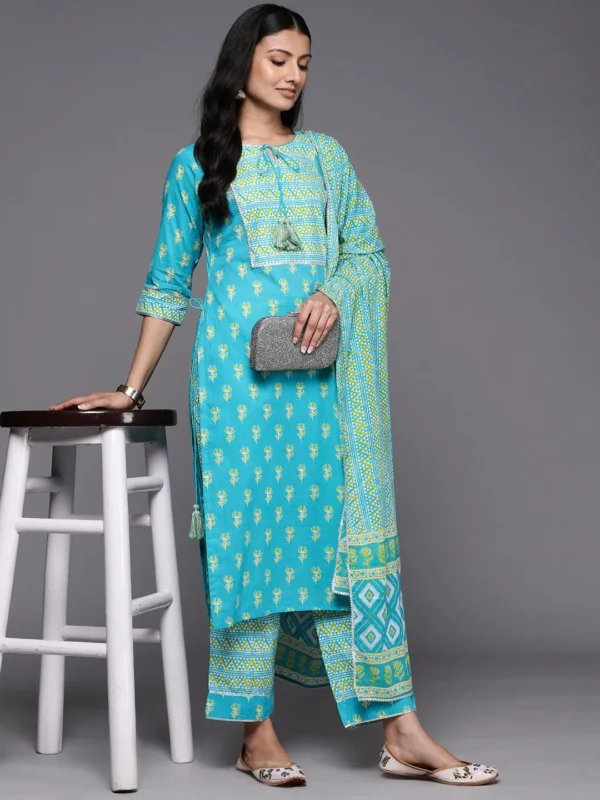 Women Blue Printed Cotton Straight Kurta With Trousers & Dupatta - Image 4