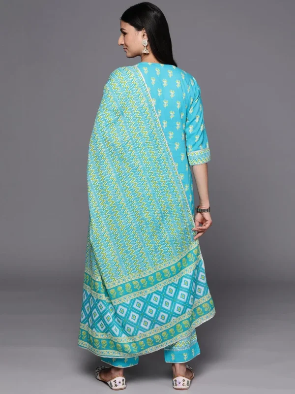 Women Blue Printed Cotton Straight Kurta With Trousers & Dupatta - Image 3