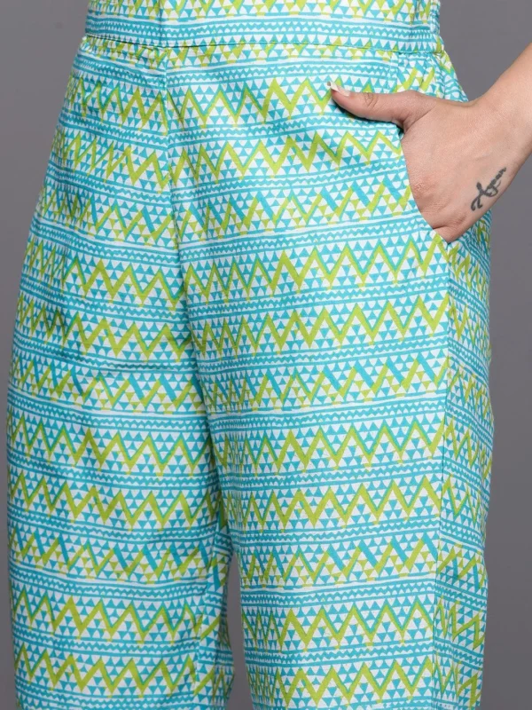 Women Blue Printed Cotton Straight Kurta With Trousers & Dupatta - Image 2