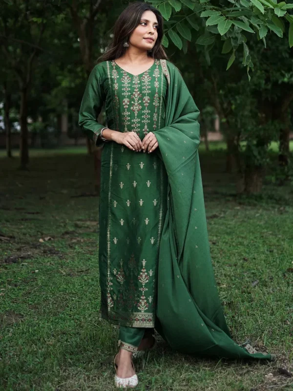 Women Green Self Design Silk Straight Kurta With Dupatta