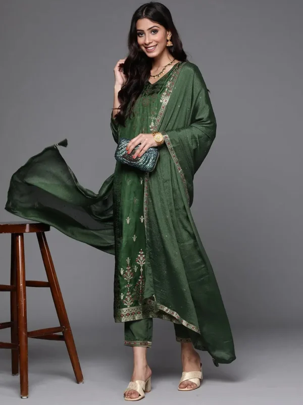 Women Green Self Design Silk Straight Kurta With Dupatta - Image 3