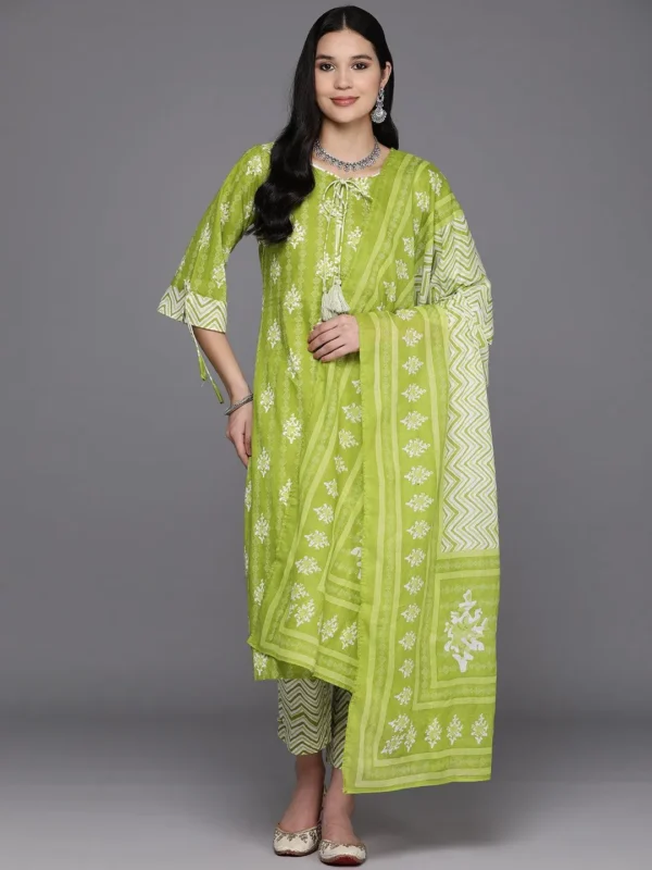 Women Lime Green Printed Cotton Straight Kurta With Trousers & Dupatta