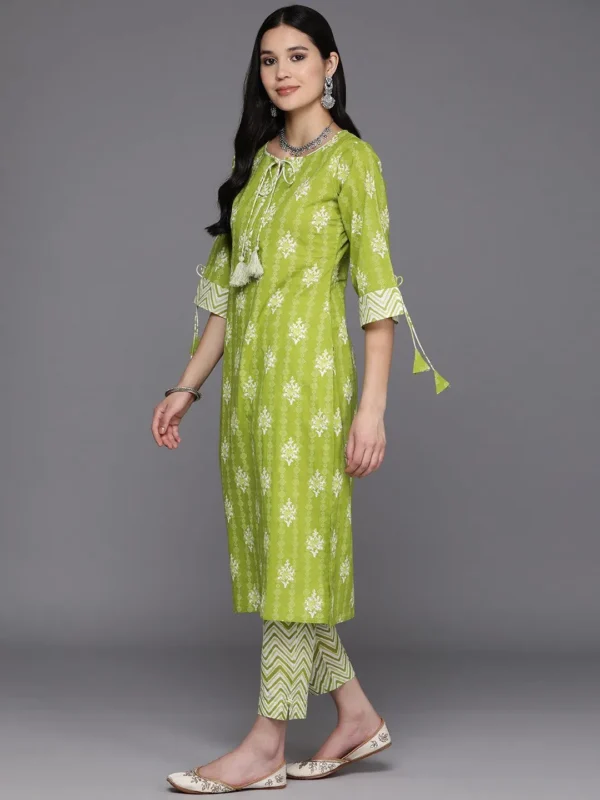 Women Lime Green Printed Cotton Straight Kurta With Trousers & Dupatta - Image 5