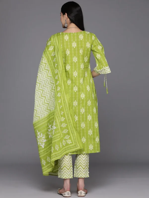 Women Lime Green Printed Cotton Straight Kurta With Trousers & Dupatta - Image 4