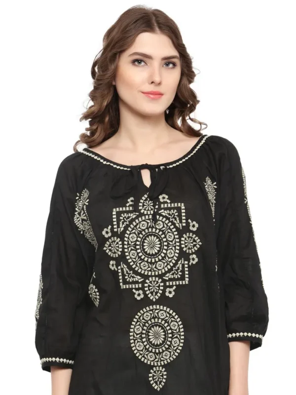Women Black Embroidered Cotton Top - Image 3