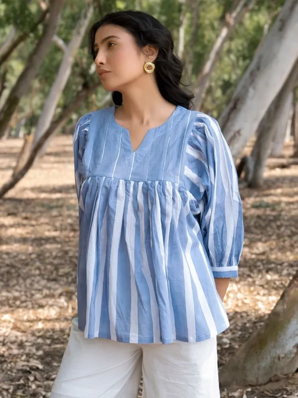 Women Blue Hand Block Printed Cotton Top - Image 4