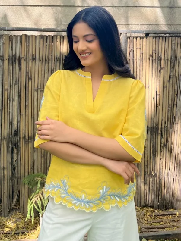 Women Yellow Embroidered Handloom Cotton Tencel Top - Image 4