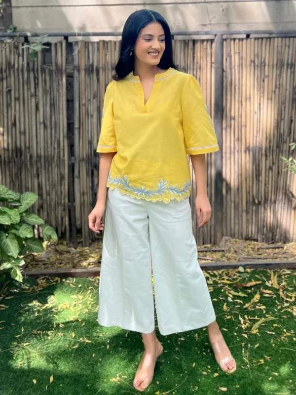 Women Yellow Embroidered Handloom Cotton Tencel Top