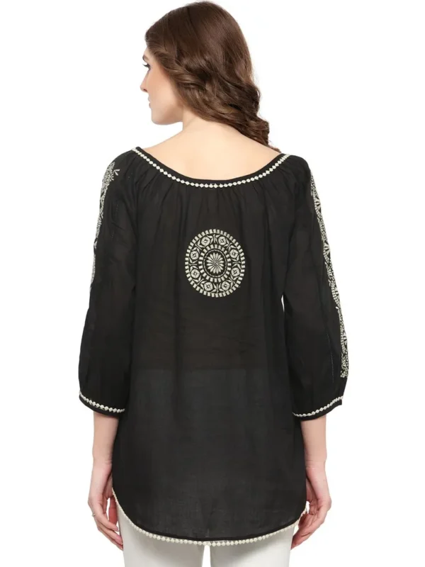 Women Black Embroidered Cotton Top - Image 2