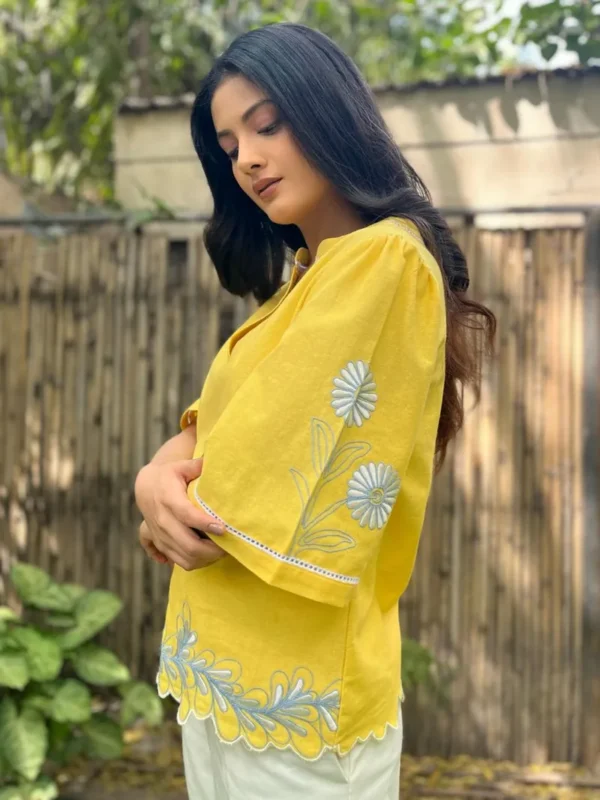 Women Yellow Embroidered Handloom Cotton Tencel Top - Image 3