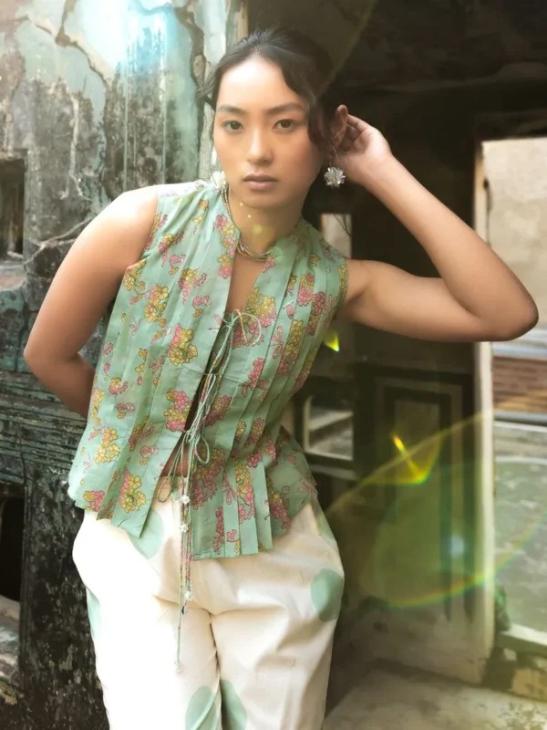 Women Green Hand Block Printed Cotton Top - Image 3