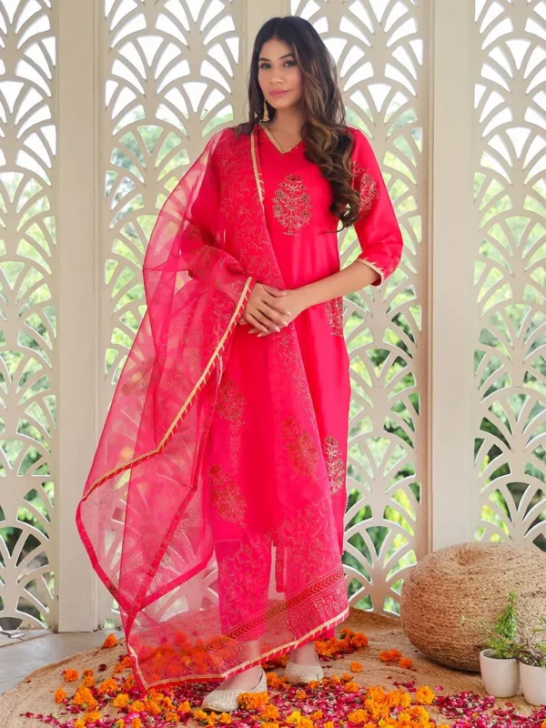 Women Pink Printed Cotton Suit - Set