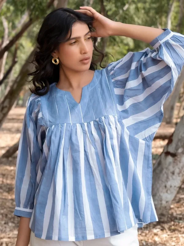 Women Blue Hand Block Printed Cotton Top - Image 2