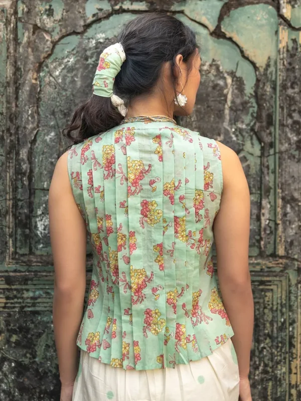 Women Green Hand Block Printed Cotton Top - Image 2