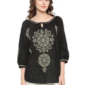Women Black Embroidered Cotton Top