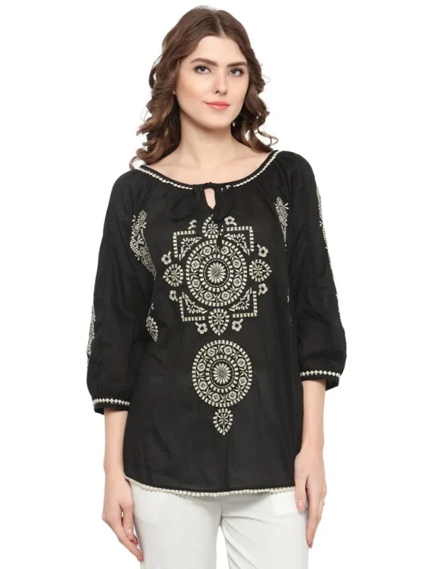 Women Black Embroidered Cotton Top