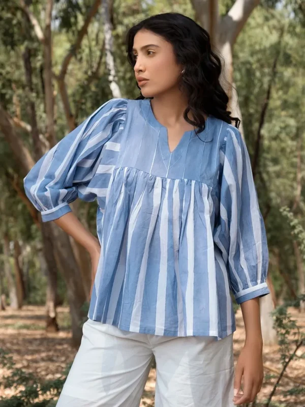 Women Blue Hand Block Printed Cotton Top